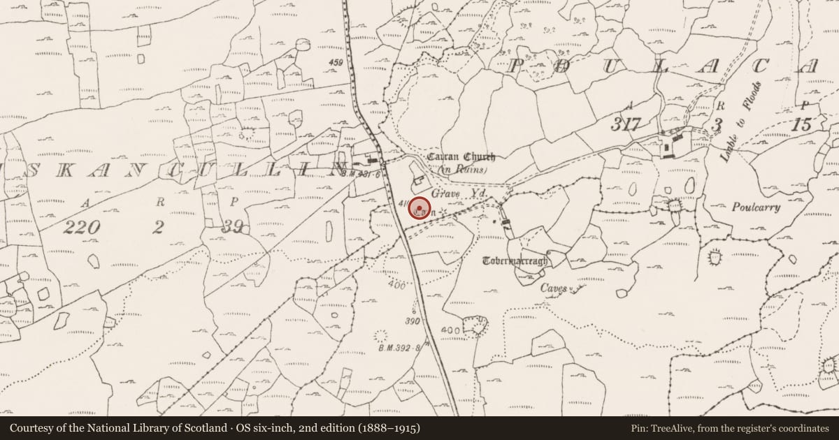 Ordnance Survey six-inch map, 2nd edition (1888–1915) covering the location of Cairn - unclassified, Poulacarran, County Clare, with a pin at the register's coordinates