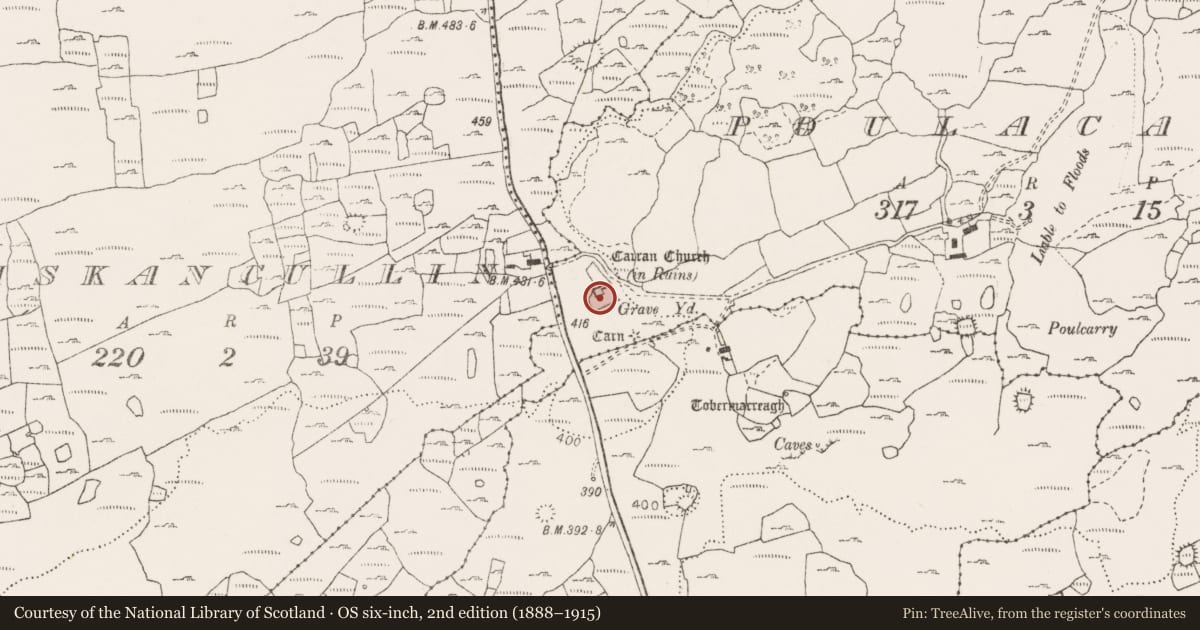 Ordnance Survey six-inch map, 2nd edition (1888–1915) covering the location of Cairn - unclassified, Poulacarran, County Clare, with a pin at the register's coordinates