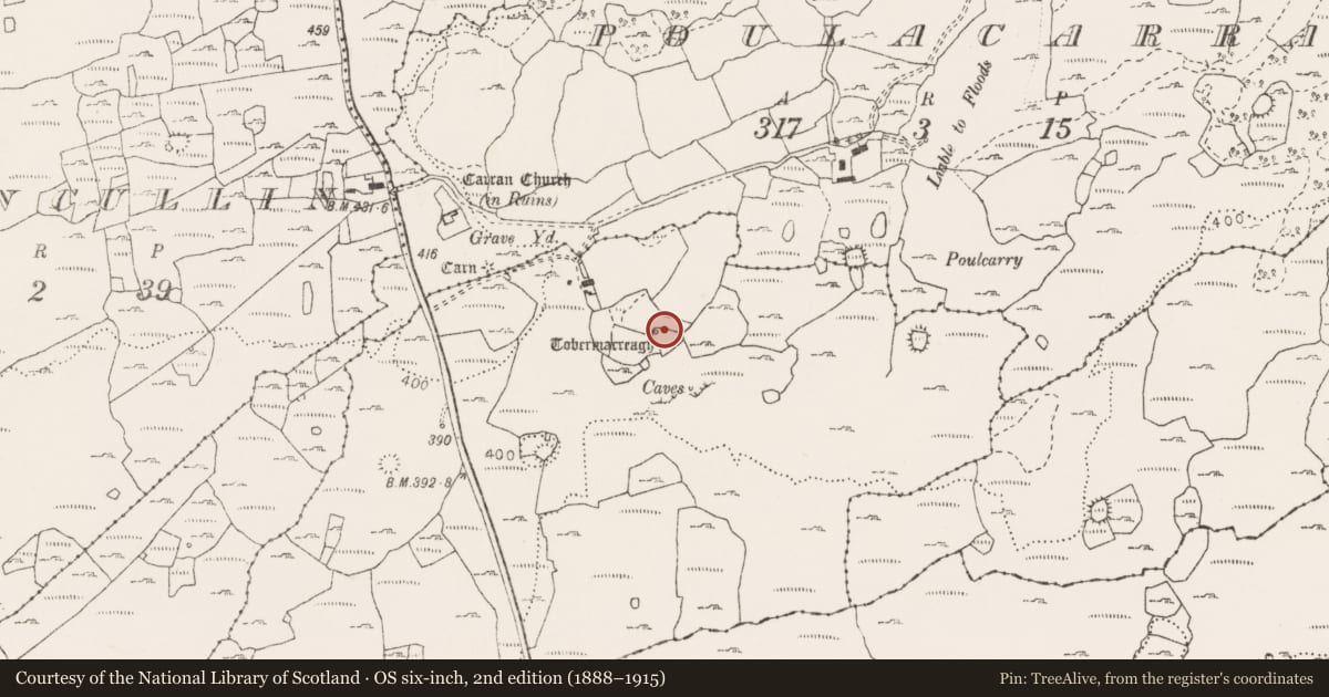 Ordnance Survey six-inch map, 2nd edition (1888–1915) covering the location of Ritual site - holy well, Carran, County Clare, with a pin at the register's coordinates
