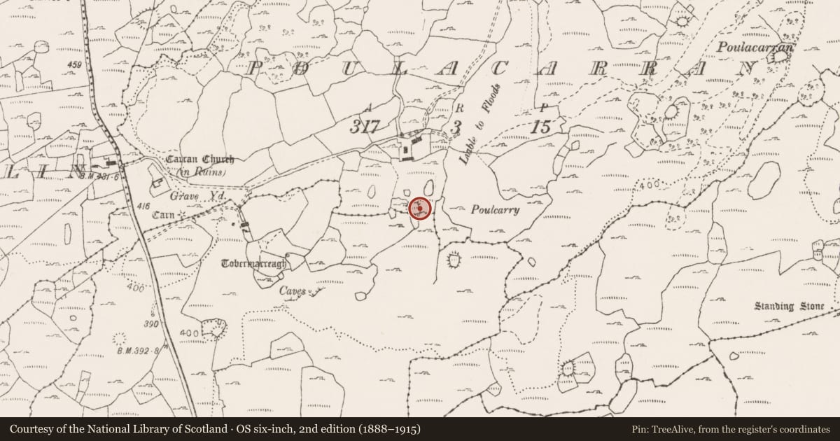 Ordnance Survey six-inch map, 2nd edition (1888–1915) covering the location of Ringfort - cashel, Poulacarran, County Clare, with a pin at the register's coordinates