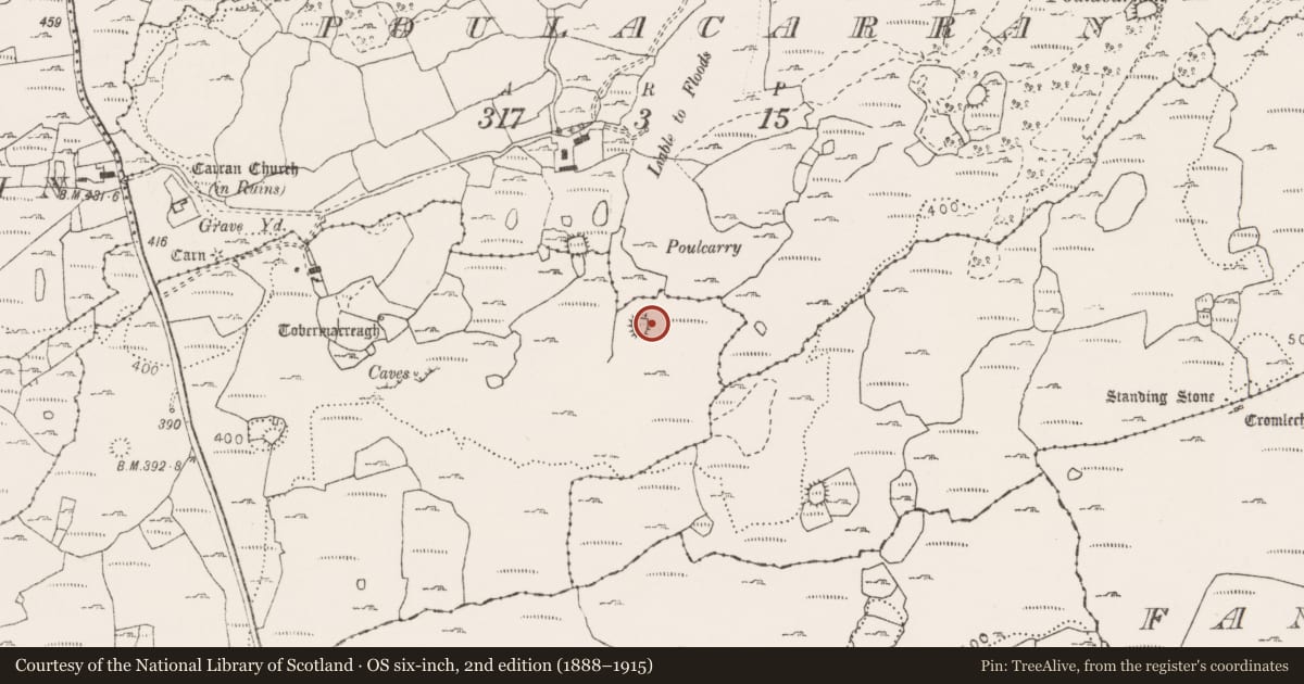 Ordnance Survey six-inch map, 2nd edition (1888–1915) covering the location of Enclosure, Carran, County Clare, with a pin at the register's coordinates