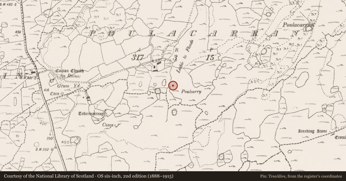 Ordnance Survey six-inch map, 2nd edition (1888–1915) covering the location of Fulacht fia, Carran, County Clare, with a pin at the register's coordinates
