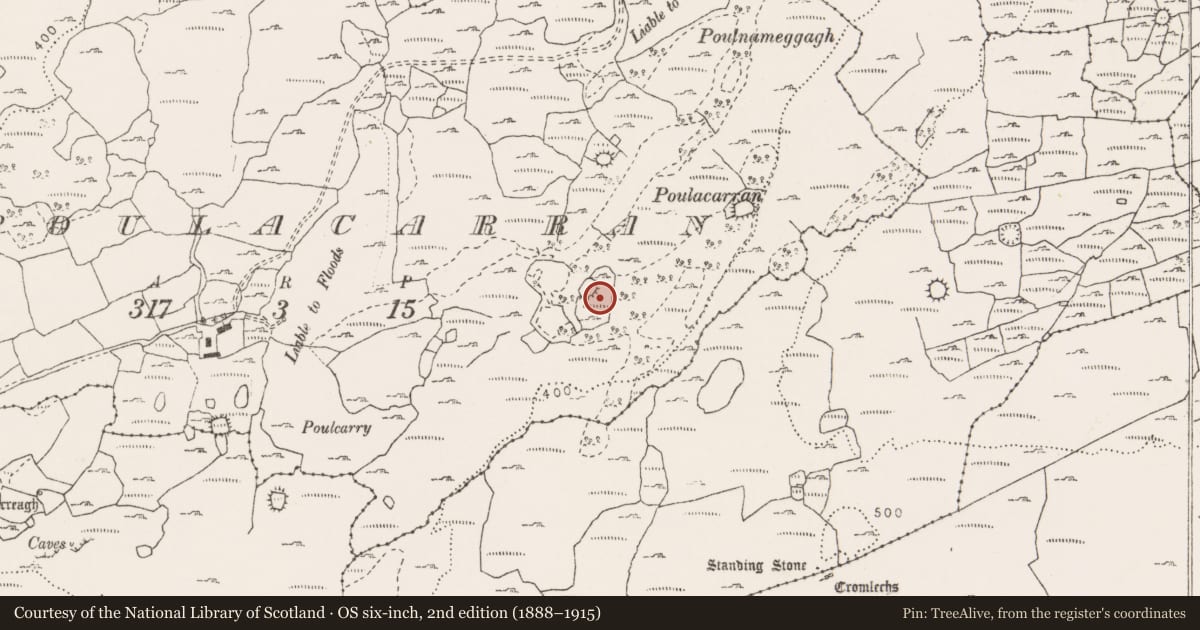 Ordnance Survey six-inch map, 2nd edition (1888–1915) covering the location of Enclosure, Poulacarran, County Clare, with a pin at the register's coordinates