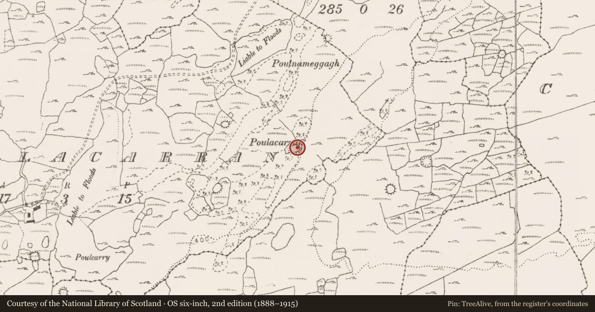 Ordnance Survey six-inch map, 2nd edition (1888–1915) covering the location of House - indeterminate date, Poulacarran, County Clare, with a pin at the register's coordinates