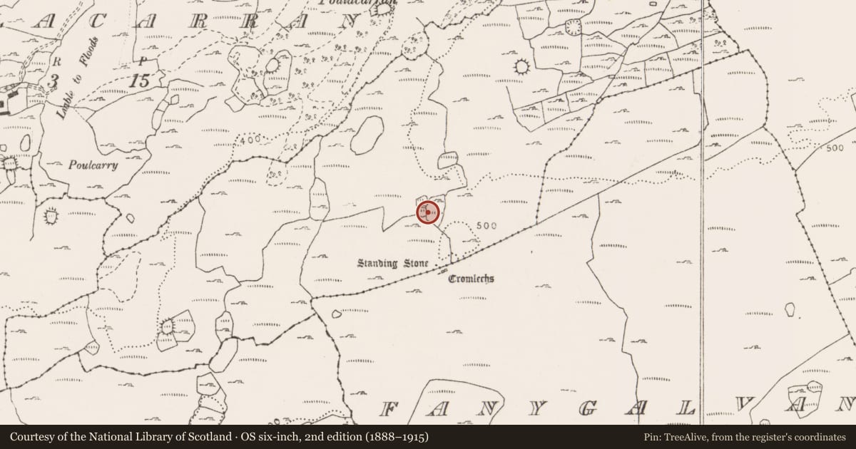 Ordnance Survey six-inch map, 2nd edition (1888–1915) covering the location of Ringfort - cashel, Cahermackirilla, County Clare, with a pin at the register's coordinates