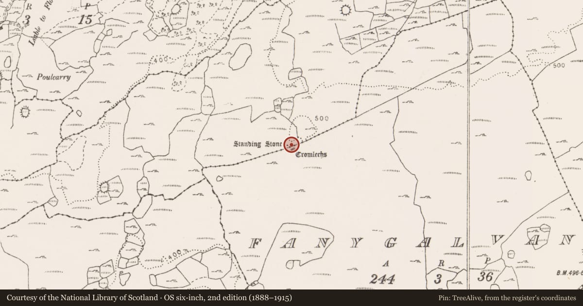 Ordnance Survey six-inch map, 2nd edition (1888–1915) covering the location of Stone row, Cahermackirilla, County Clare, with a pin at the register's coordinates