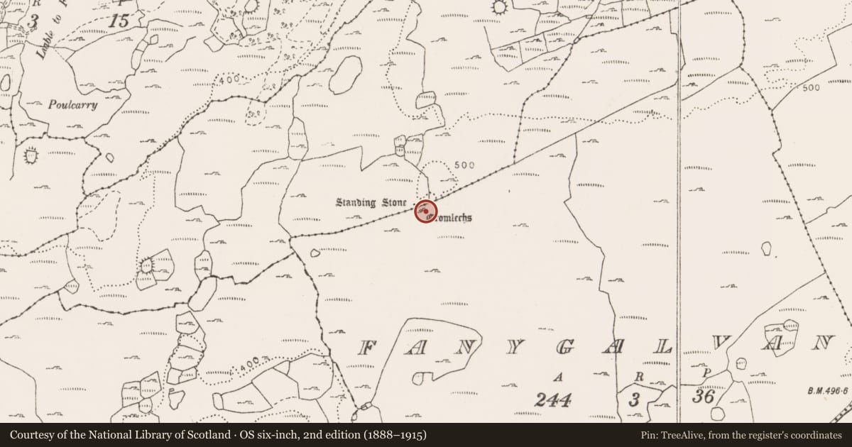Ordnance Survey six-inch map, 2nd edition (1888–1915) covering the location of Megalithic tomb - unclassified, Fanygalvan, County Clare, with a pin at the register's coordinates