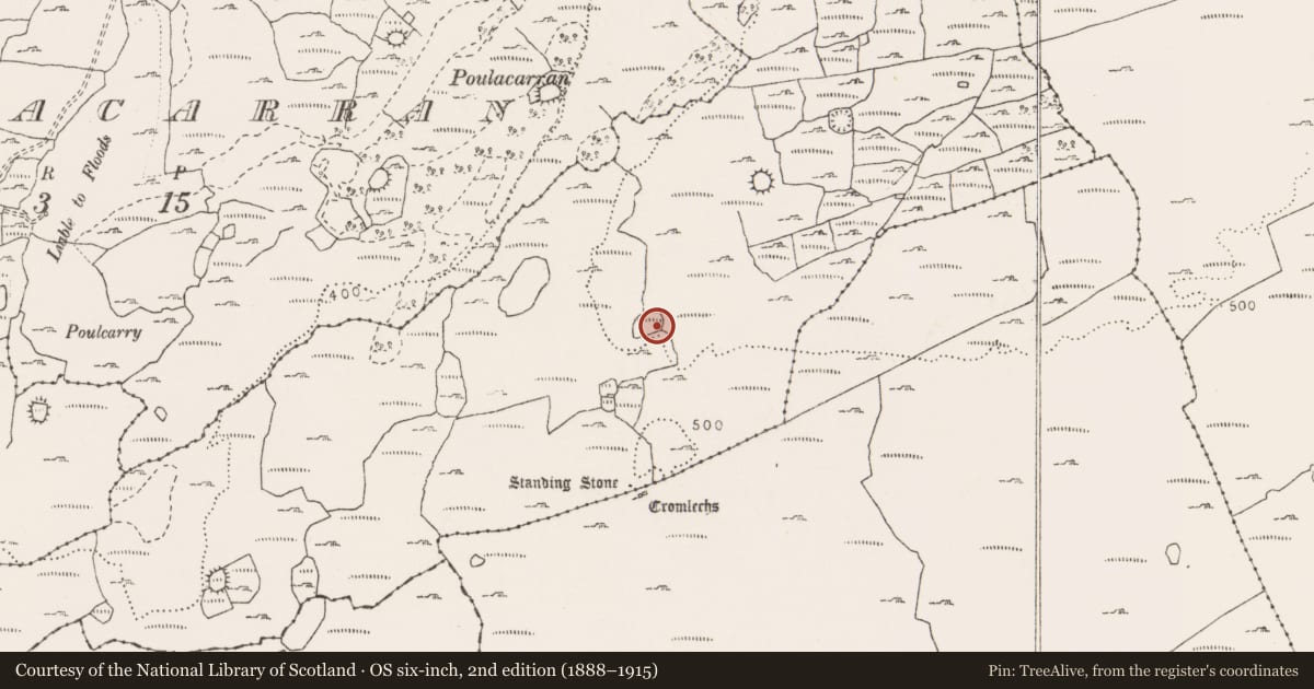 Ordnance Survey six-inch map, 2nd edition (1888–1915) covering the location of Enclosure, Cahermackirilla, County Clare, with a pin at the register's coordinates