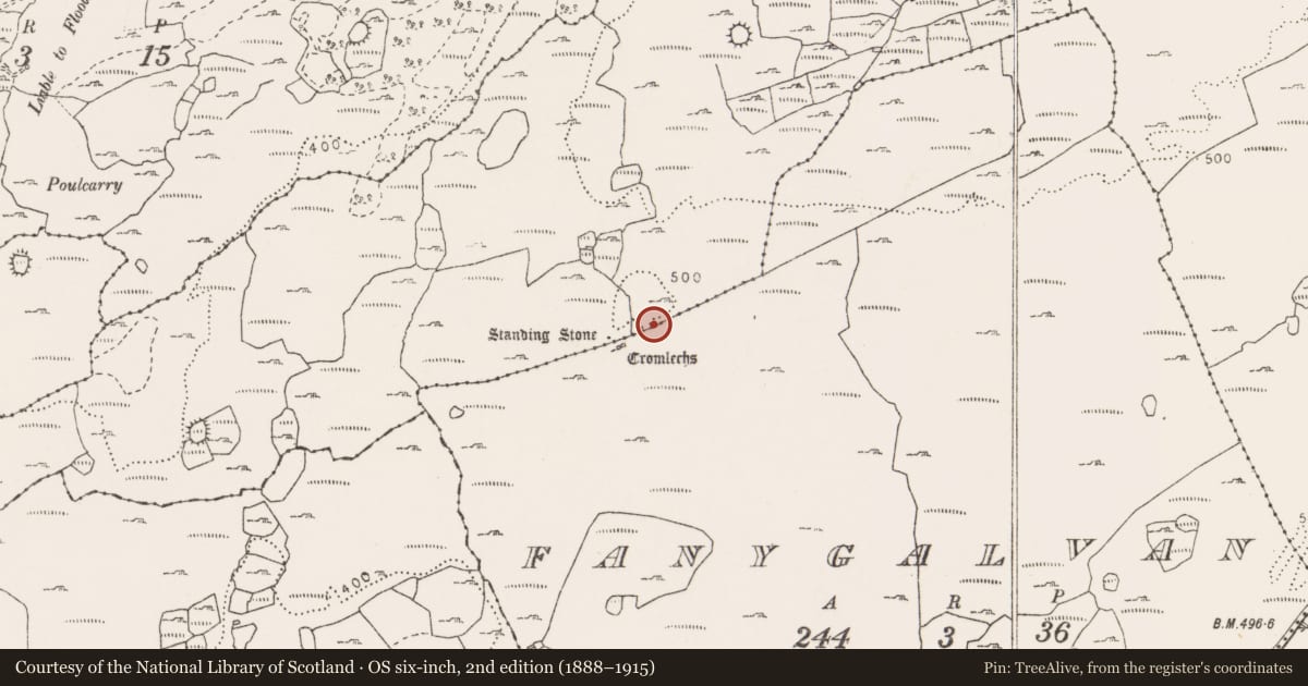 Ordnance Survey six-inch map, 2nd edition (1888–1915) covering the location of Cremated remains, Cahermackirilla, County Clare, with a pin at the register's coordinates