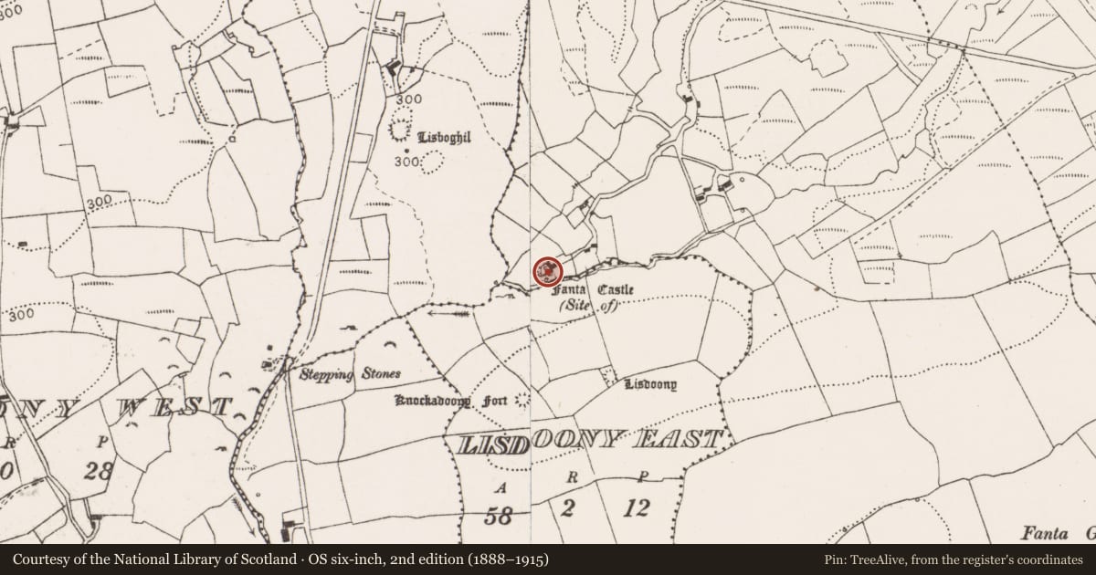 Ordnance Survey six-inch map, 2nd edition (1888–1915) covering the location of Castle - tower house, Fanta Glebe, County Clare, with a pin at the register's coordinates