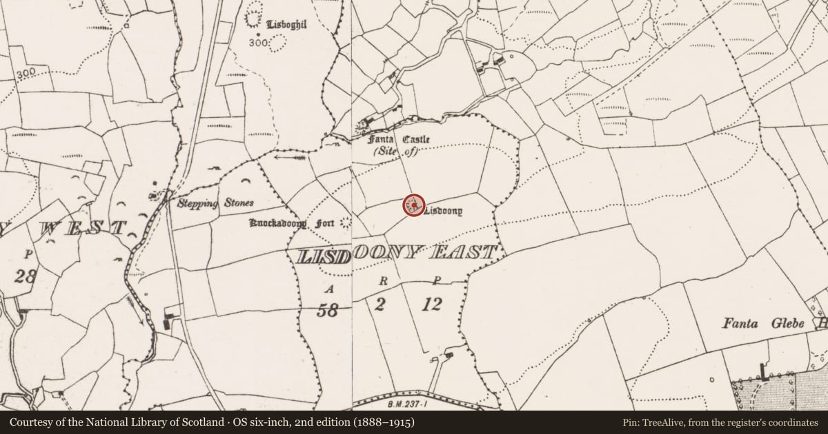 Ordnance Survey six-inch map, 2nd edition (1888–1915) covering the location of Barrow - ring-barrow, Lisdoony East, County Clare, with a pin at the register's coordinates