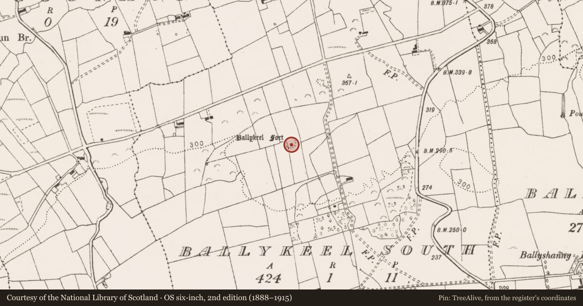 Ordnance Survey six-inch map, 2nd edition (1888–1915) covering the location of Ringfort - rath, Ballykeel South, County Clare, with a pin at the register's coordinates