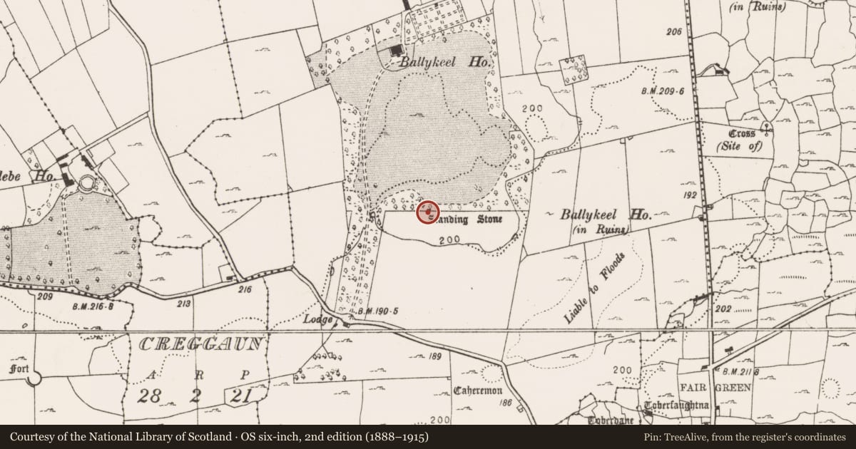 Ordnance Survey six-inch map, 2nd edition (1888–1915) covering the location of Standing stone, Ballykeel South, County Clare, with a pin at the register's coordinates