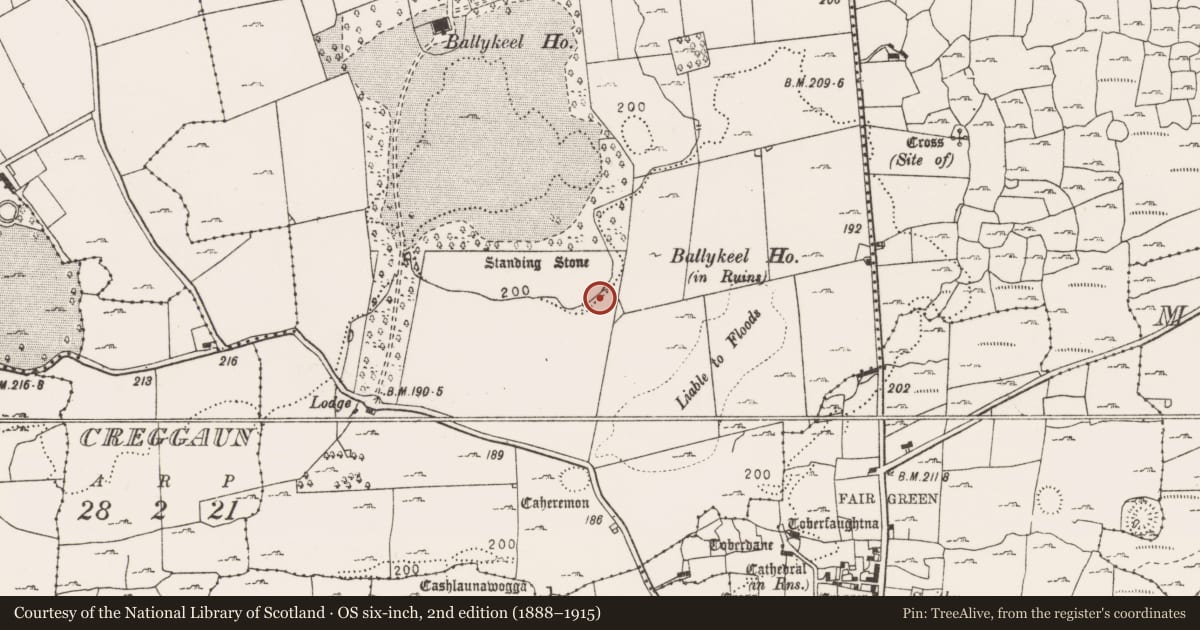 Ordnance Survey six-inch map, 2nd edition (1888–1915) covering the location of Slab-lined burial, Ballykeel South, County Clare, with a pin at the register's coordinates