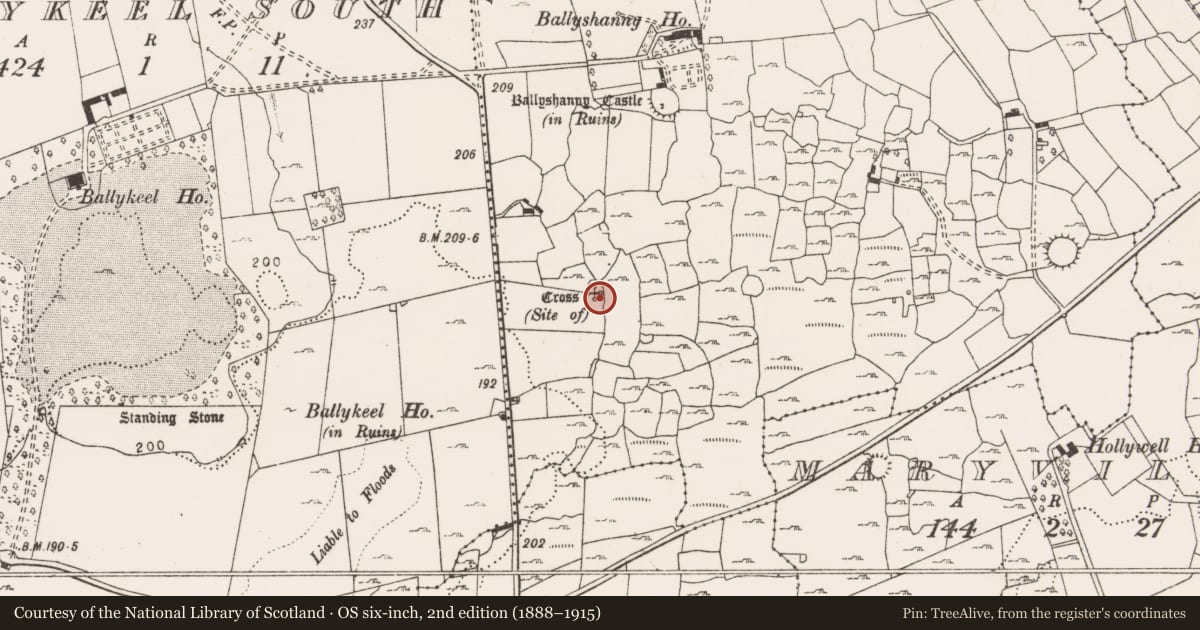 Ordnance Survey six-inch map, 2nd edition (1888–1915) covering the location of Cross, Ballyshanny, County Clare, with a pin at the register's coordinates