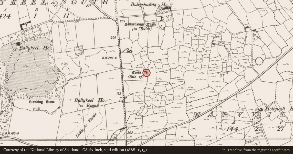 Ordnance Survey six-inch map, 2nd edition (1888–1915) covering the location of Penitential station, Ballyshanny, County Clare, with a pin at the register's coordinates
