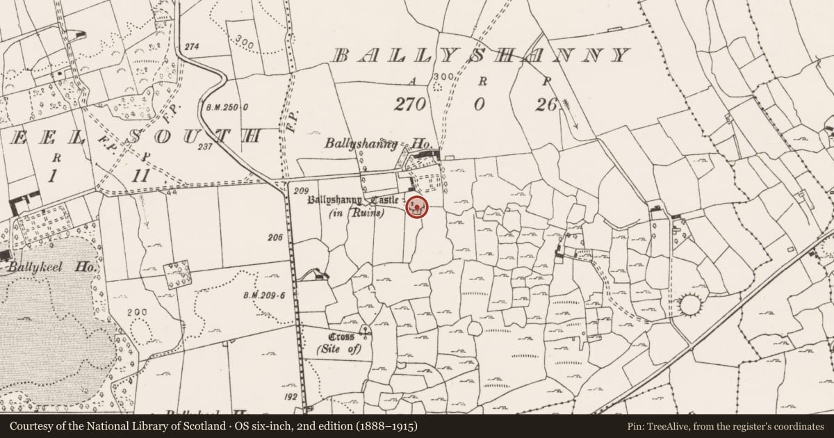 Ordnance Survey six-inch map, 2nd edition (1888–1915) covering the location of Ringfort - cashel, Ballyshanny, County Clare, with a pin at the register's coordinates