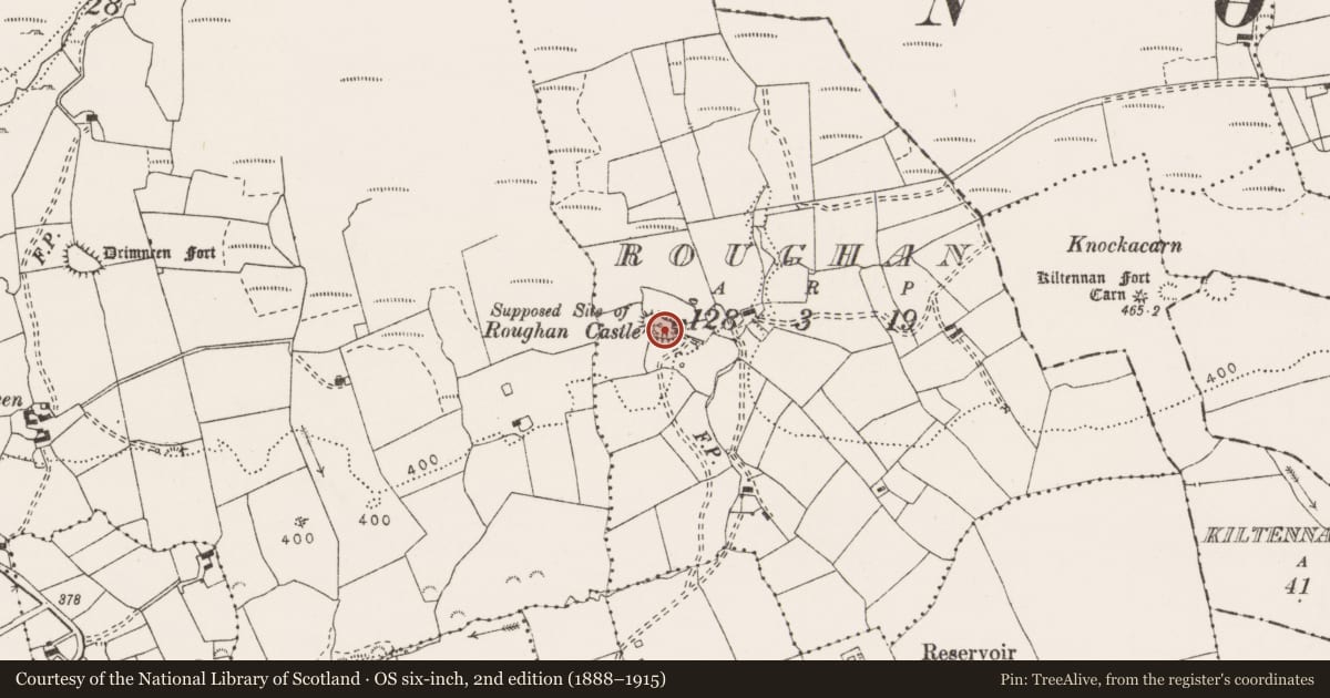 Ordnance Survey six-inch map, 2nd edition (1888–1915) covering the location of Ringfort - rath, Roughan, County Clare, with a pin at the register's coordinates