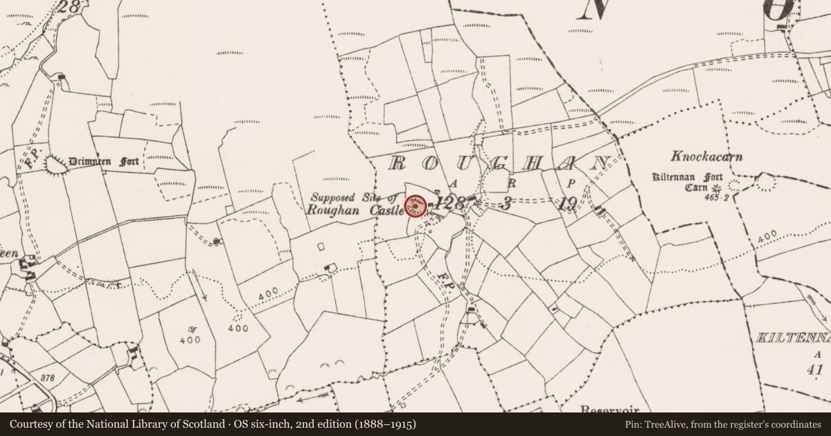 Ordnance Survey six-inch map, 2nd edition (1888–1915) covering the location of Castle - unclassified, Roughan, County Clare, with a pin at the register's coordinates