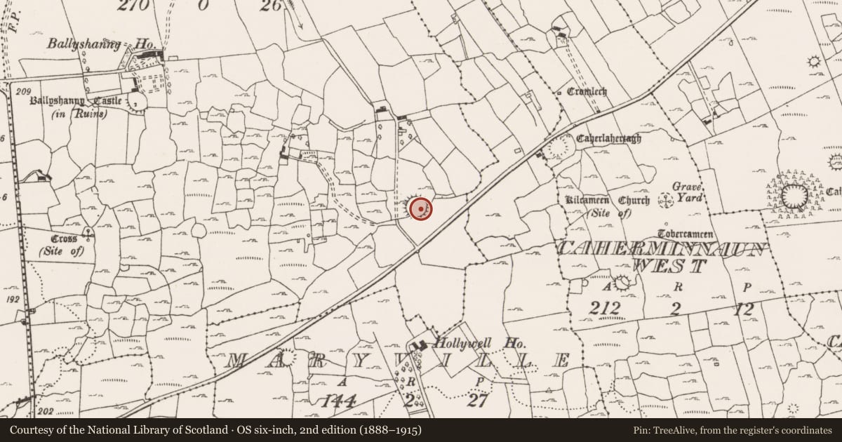 Ordnance Survey six-inch map, 2nd edition (1888–1915) covering the location of Ringfort - cashel, Ballyshanny, County Clare, with a pin at the register's coordinates