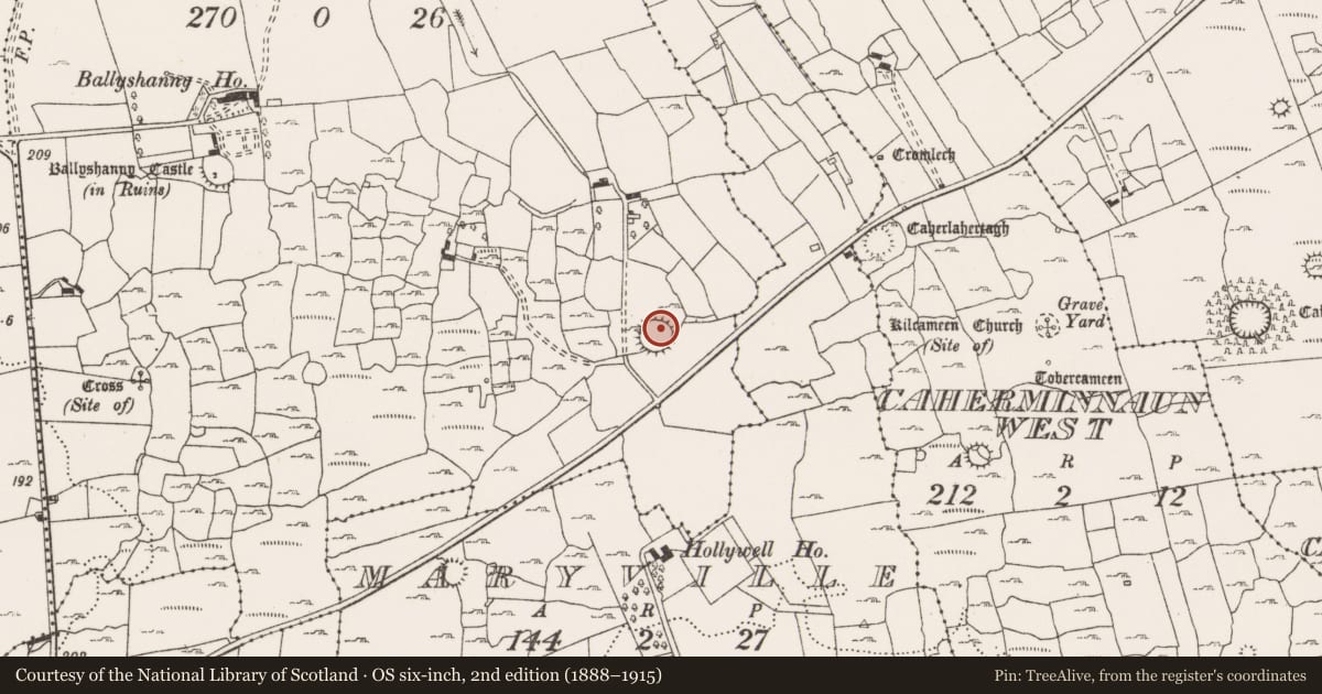 Ordnance Survey six-inch map, 2nd edition (1888–1915) covering the location of House - indeterminate date, Ballyshanny, County Clare, with a pin at the register's coordinates