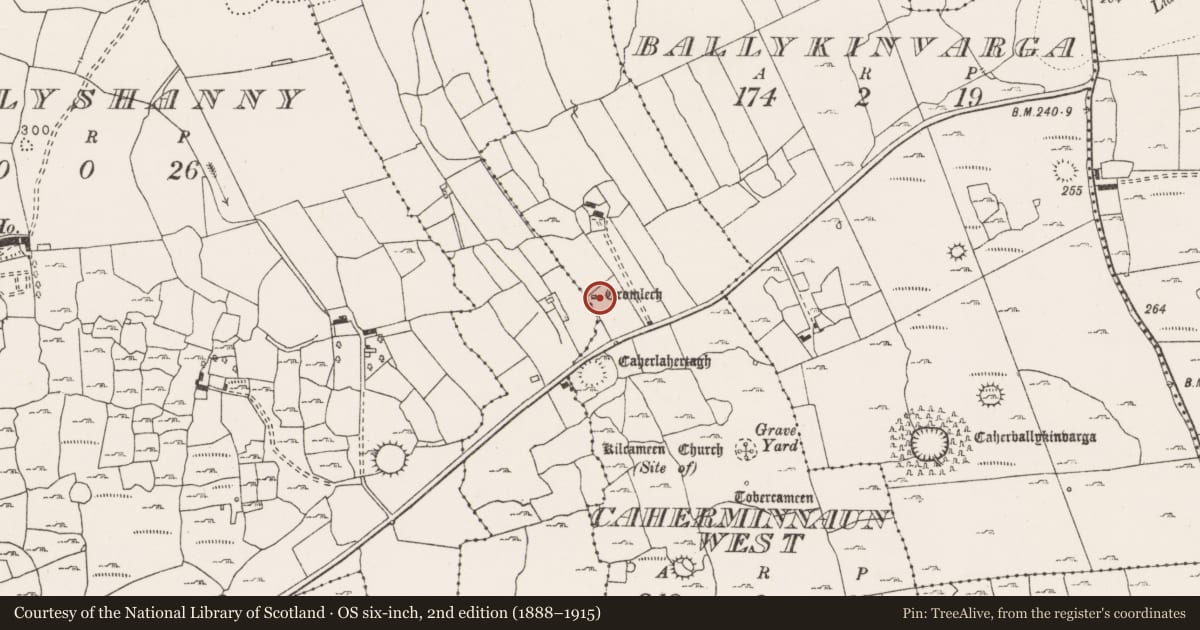 Ordnance Survey six-inch map, 2nd edition (1888–1915) covering the location of Megalithic tomb - wedge tomb, Caherminnaun West, County Clare, with a pin at the register's coordinates