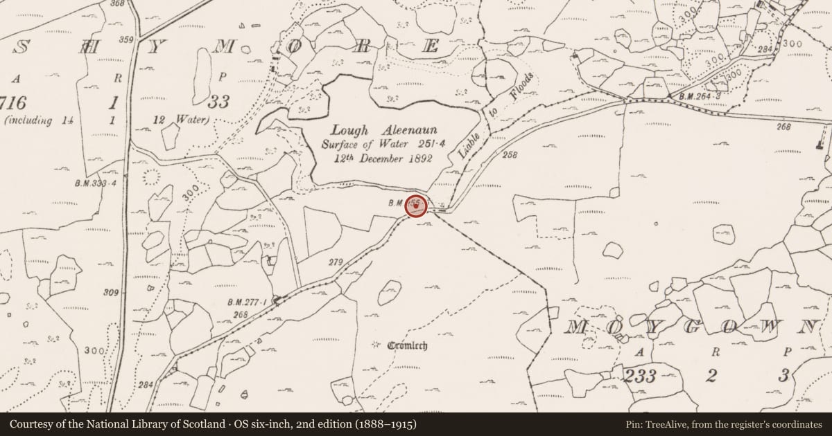 Ordnance Survey six-inch map, 2nd edition (1888–1915) covering the location of Enclosure, Sheshymore, County Clare, with a pin at the register's coordinates