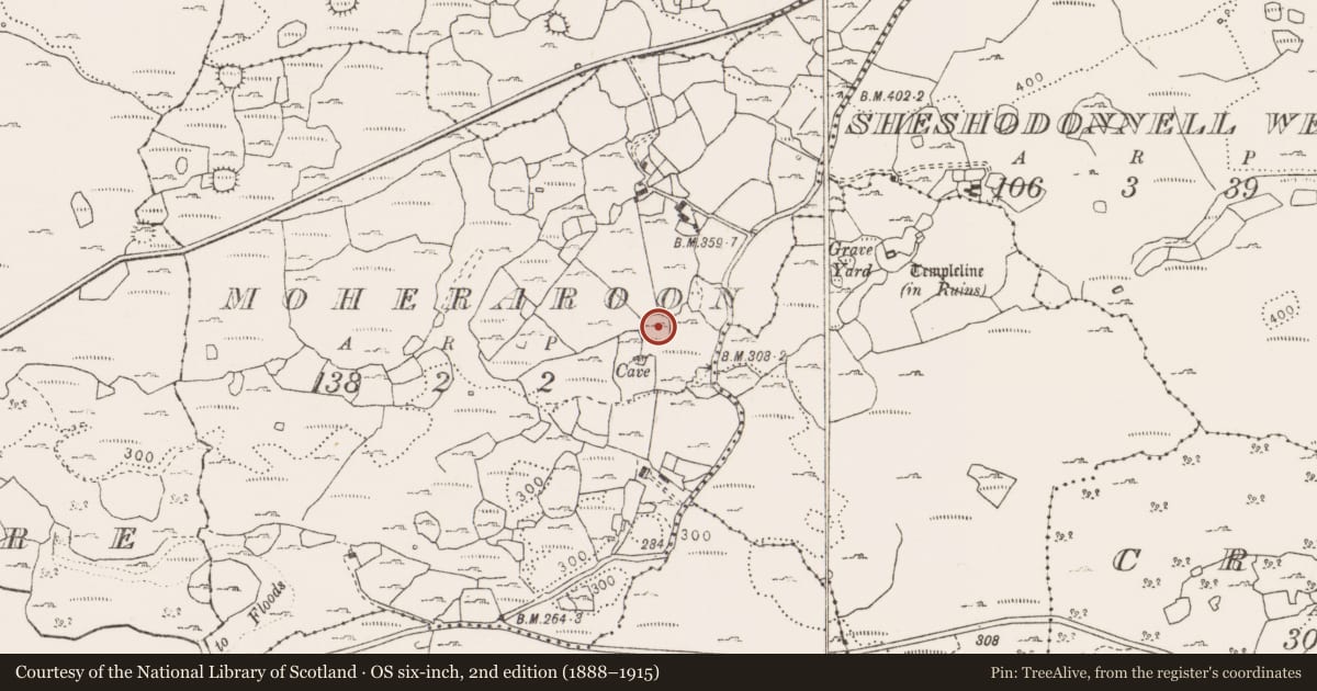 Ordnance Survey six-inch map, 2nd edition (1888–1915) covering the location of Enclosure, Moheraroon, County Clare, with a pin at the register's coordinates