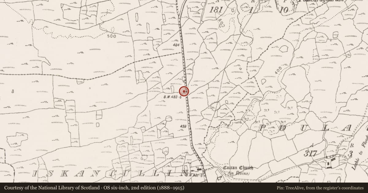 Ordnance Survey six-inch map, 2nd edition (1888–1915) covering the location of Hut site, Iskancullin, County Clare, with a pin at the register's coordinates