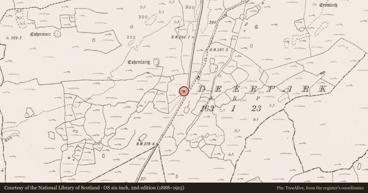 Ordnance Survey six-inch map, 2nd edition (1888–1915) covering the location of Enclosure, Sheshymore, County Clare, with a pin at the register's coordinates
