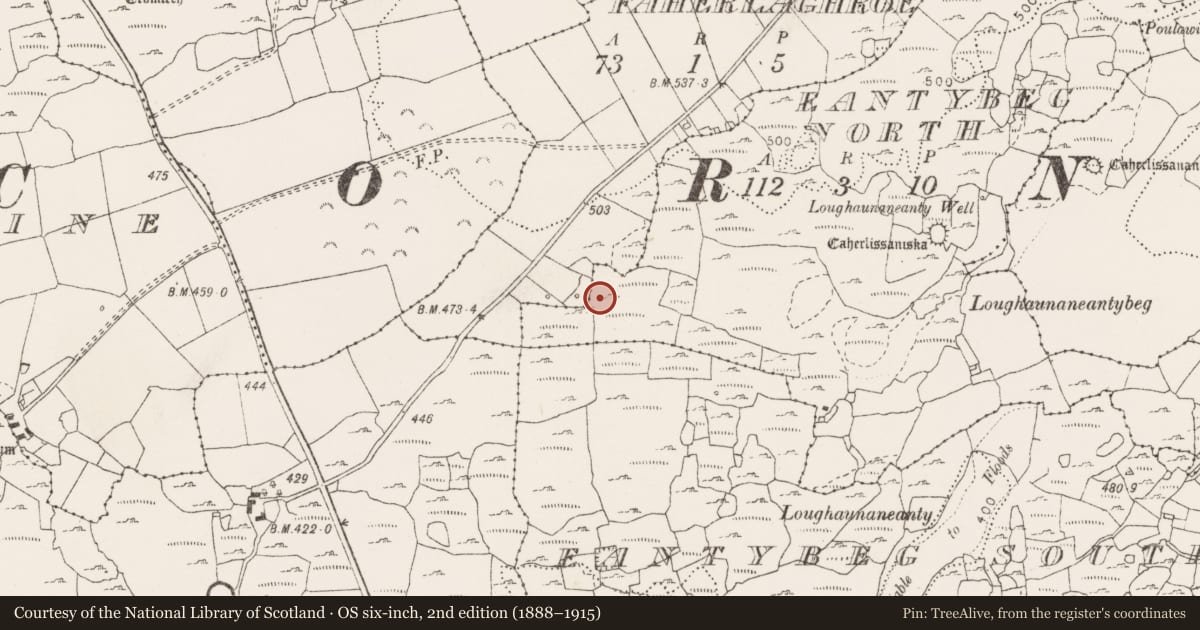 Ordnance Survey six-inch map, 2nd edition (1888–1915) covering the location of Cairn - unclassified, Eantybeg North, County Clare, with a pin at the register's coordinates