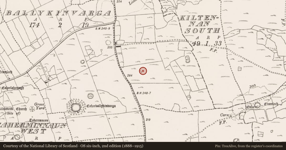 Ordnance Survey six-inch map, 2nd edition (1888–1915) covering the location of Enclosure, Ballyhomulta, County Clare, with a pin at the register's coordinates