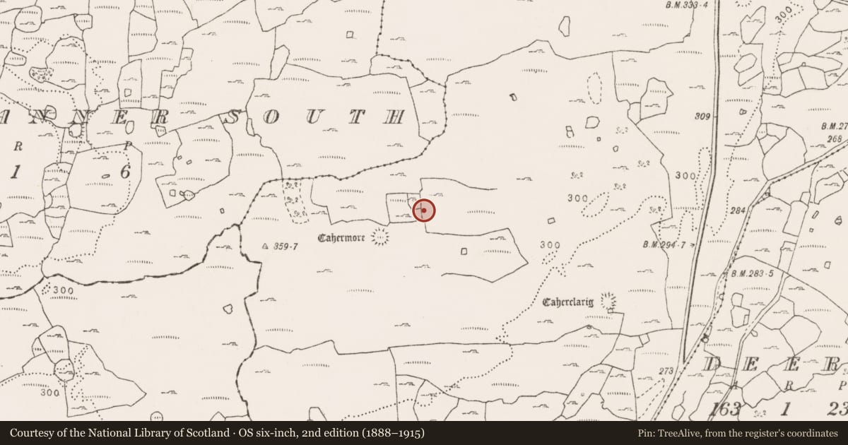 Ordnance Survey six-inch map, 2nd edition (1888–1915) covering the location of Souterrain, Sheshymore, County Clare, with a pin at the register's coordinates