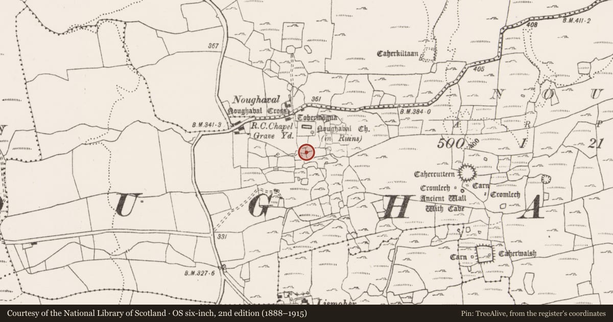 Ordnance Survey six-inch map, 2nd edition (1888–1915) covering the location of Settlement cluster, Noughaval, County Clare, with a pin at the register's coordinates