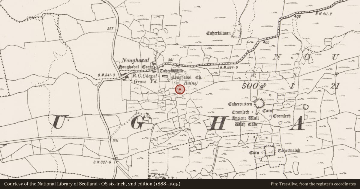 Ordnance Survey six-inch map, 2nd edition (1888–1915) covering the location of House - 16th/17th century, Noughaval, County Clare, with a pin at the register's coordinates