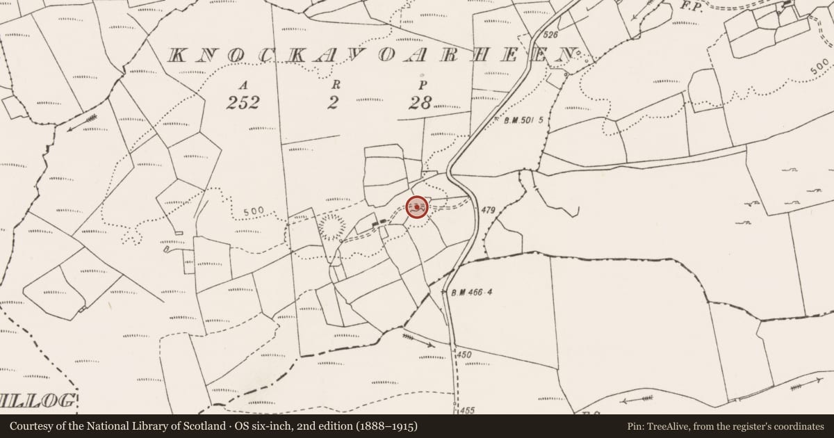 Ordnance Survey six-inch map, 2nd edition (1888–1915) covering the location of Enclosure, Knockavoarheen, County Clare, with a pin at the register's coordinates