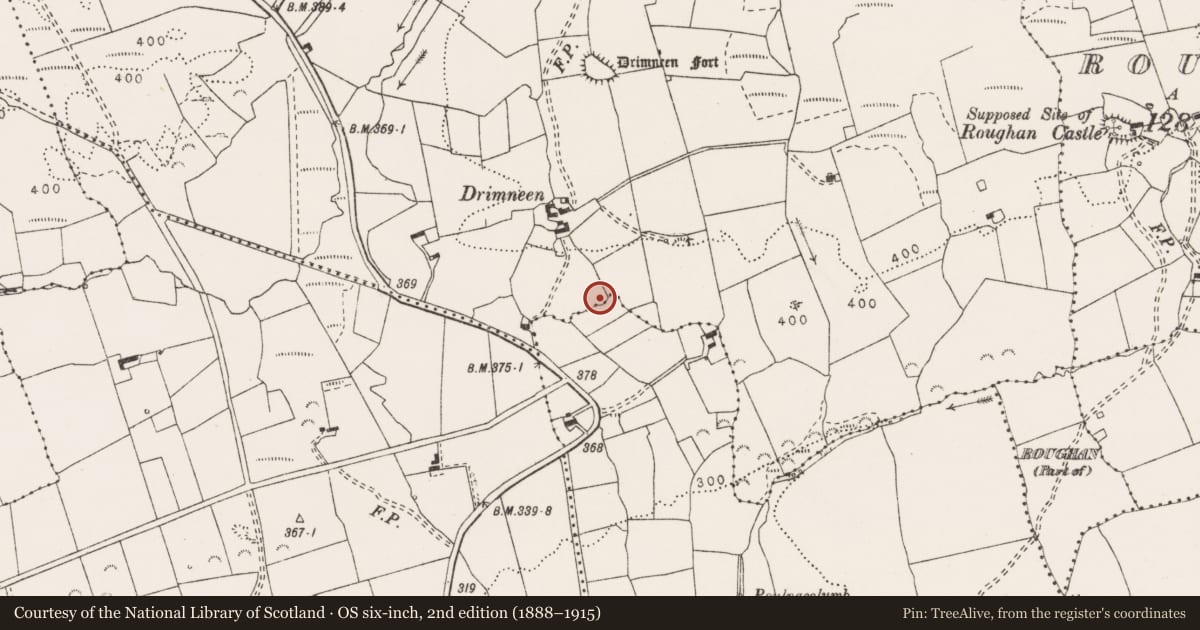 Ordnance Survey six-inch map, 2nd edition (1888–1915) covering the location of Ringfort - rath, Ballykeel North, Ballyshanny, County Clare, with a pin at the register's coordinates
