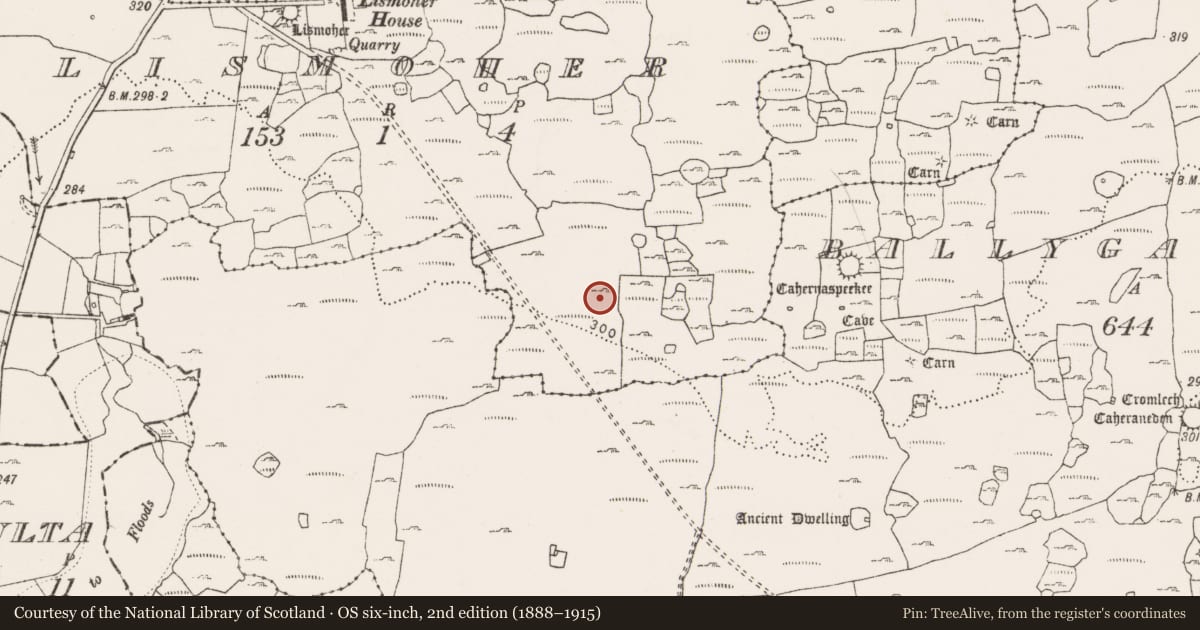 Ordnance Survey six-inch map, 2nd edition (1888–1915) covering the location of Cairn - burial cairn, Lismoher, County Clare, with a pin at the register's coordinates