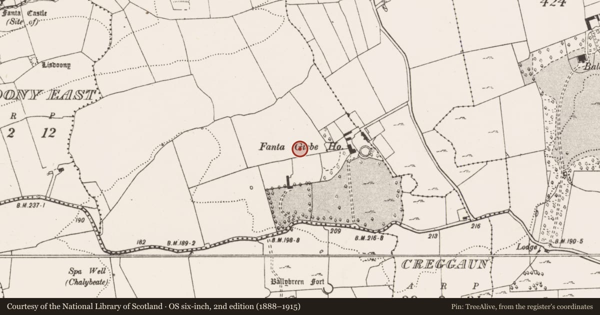 Ordnance Survey six-inch map, 2nd edition (1888–1915) covering the location of Mound, Fanta Glebe, County Clare, with a pin at the register's coordinates