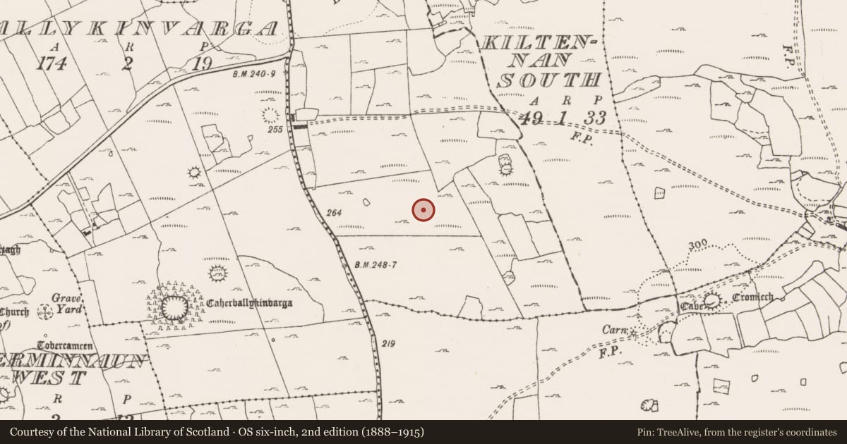 Ordnance Survey six-inch map, 2nd edition (1888–1915) covering the location of Enclosure, Ballyhomulta, County Clare, with a pin at the register's coordinates