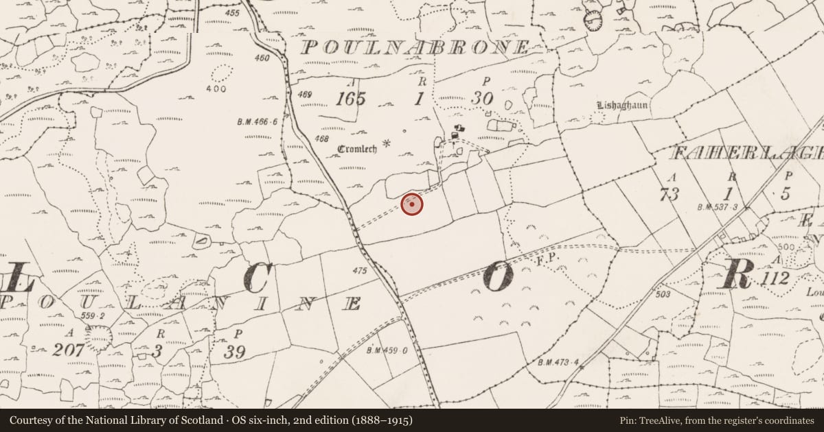 Ordnance Survey six-inch map, 2nd edition (1888–1915) covering the location of Enclosure, Poulnabrone, County Clare, with a pin at the register's coordinates
