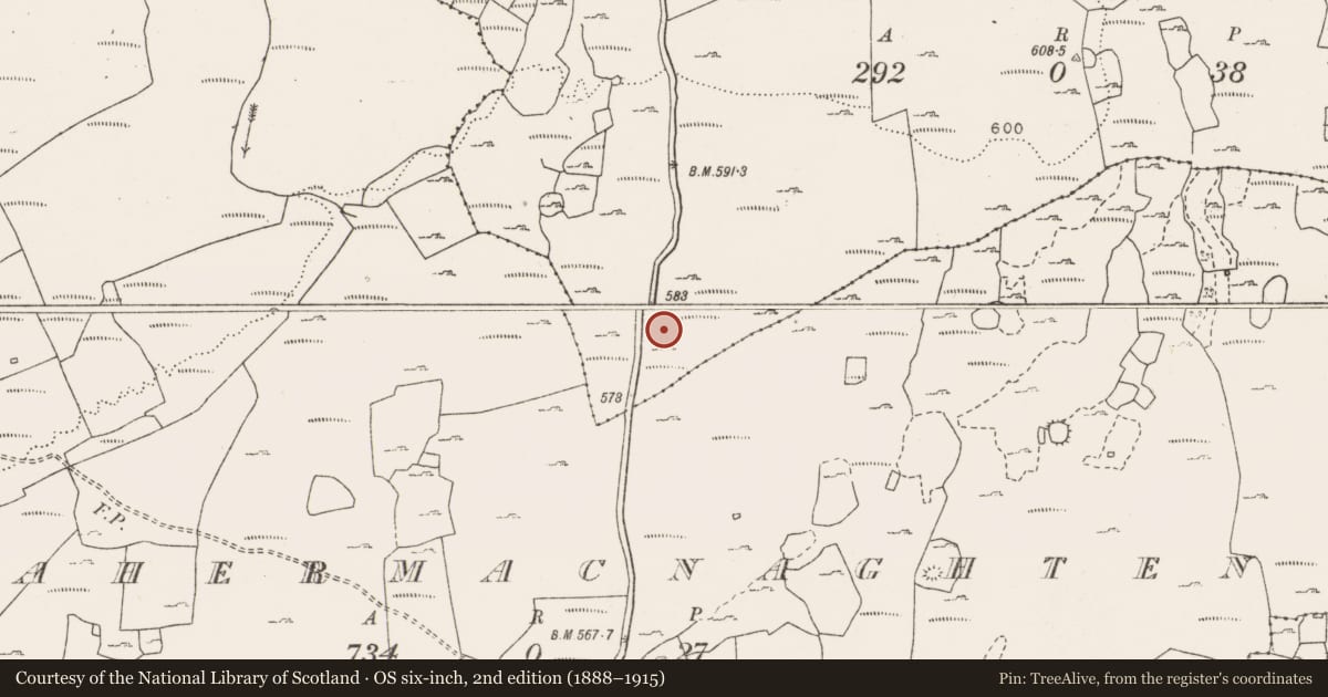 Ordnance Survey six-inch map, 2nd edition (1888–1915) covering the location of Enclosure, Croagh South, County Clare, with a pin at the register's coordinates