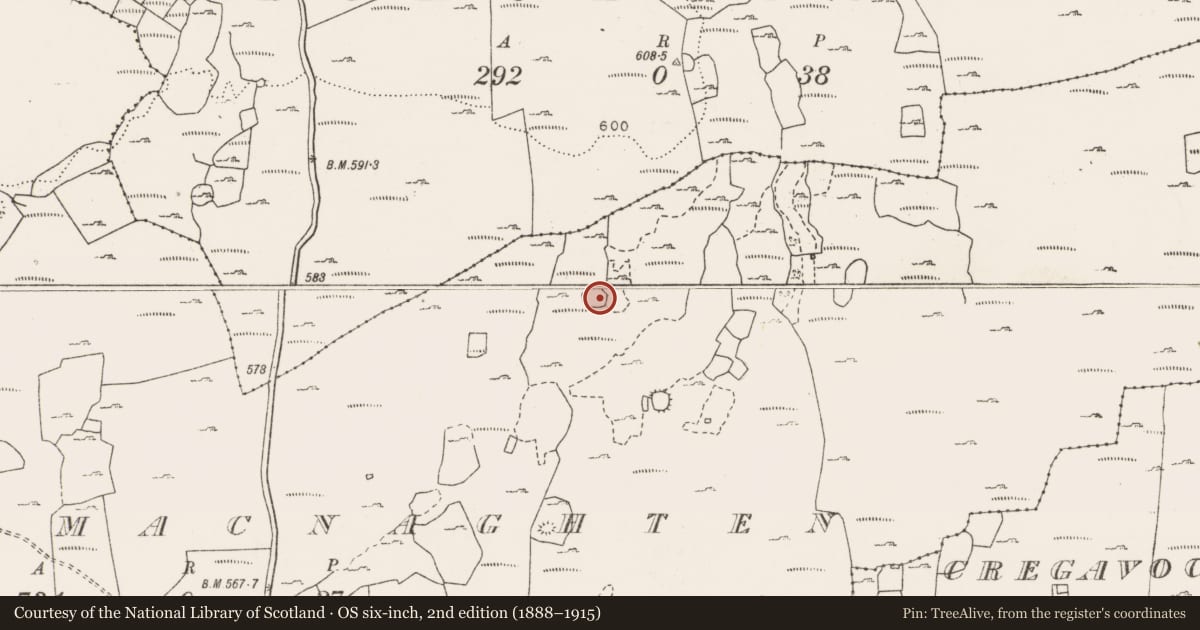 Ordnance Survey six-inch map, 2nd edition (1888–1915) covering the location of Enclosure, Cahermacnaghten, County Clare, with a pin at the register's coordinates