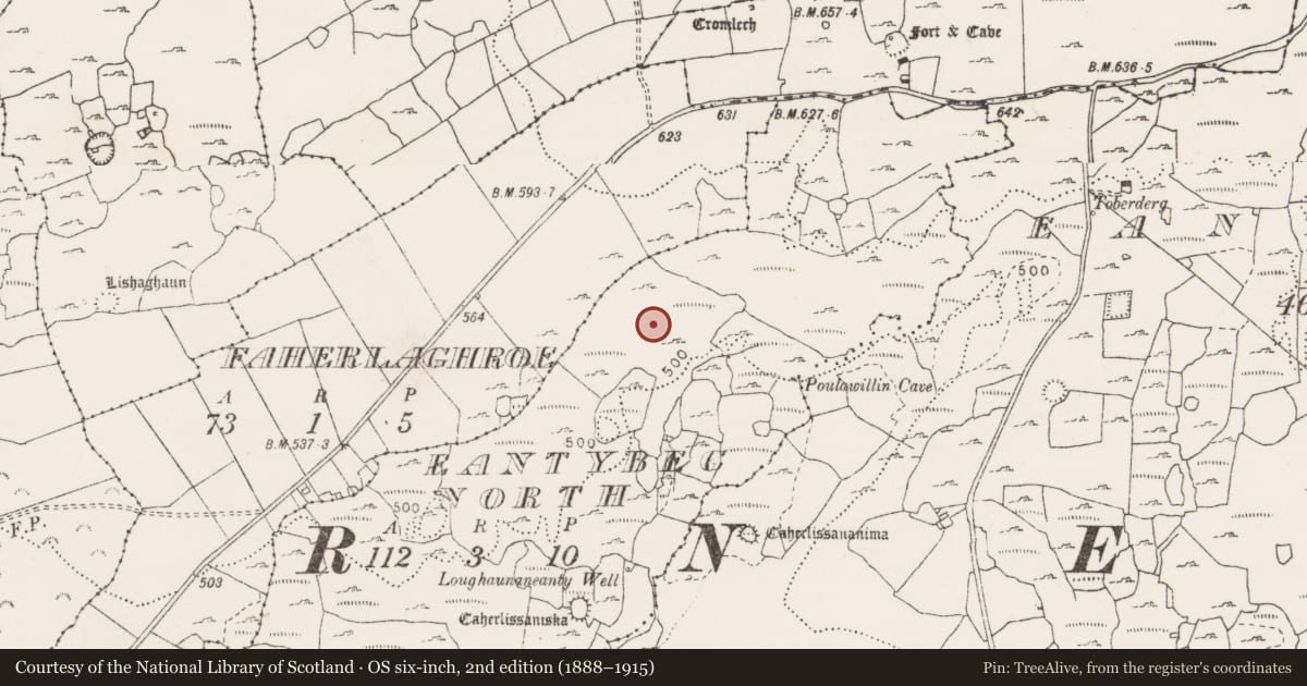 Ordnance Survey six-inch map, 2nd edition (1888–1915) covering the location of Hut site, Eantybeg North, County Clare, with a pin at the register's coordinates
