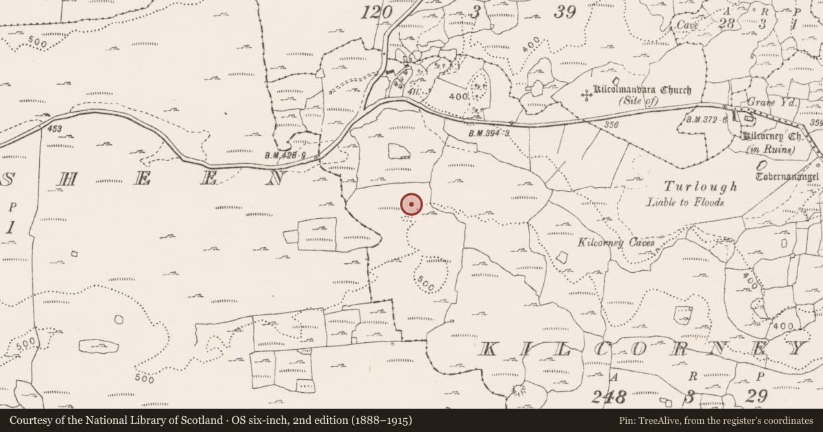 Ordnance Survey six-inch map, 2nd edition (1888–1915) covering the location of House - indeterminate date, Kilcorney, County Clare, with a pin at the register's coordinates