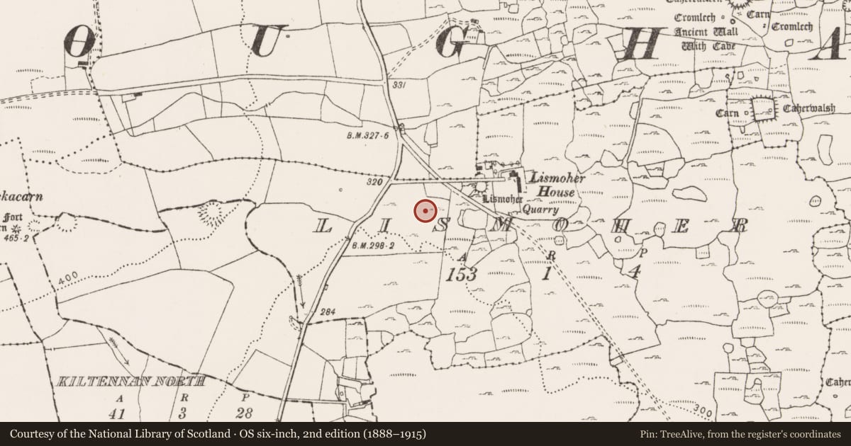 Ordnance Survey six-inch map, 2nd edition (1888–1915) covering the location of Hut site, Lismoher, County Clare, with a pin at the register's coordinates