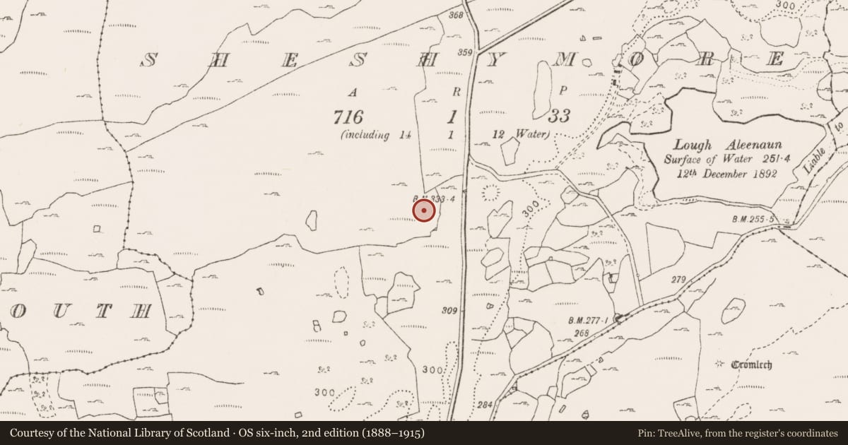 Ordnance Survey six-inch map, 2nd edition (1888–1915) covering the location of Enclosure, Sheshymore, County Clare, with a pin at the register's coordinates