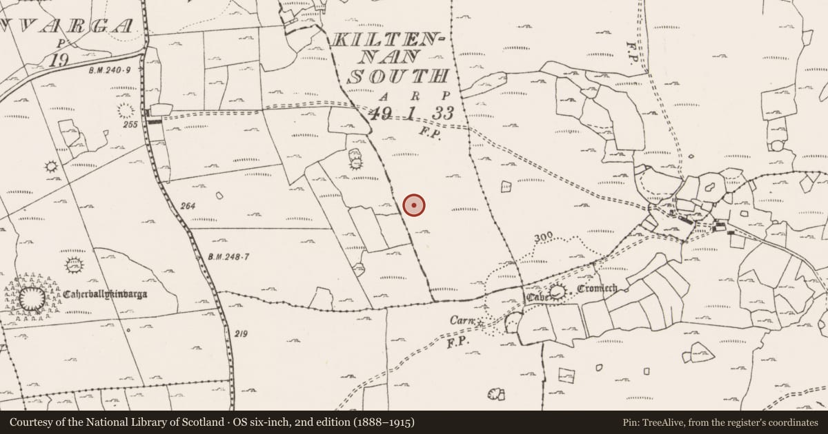 Ordnance Survey six-inch map, 2nd edition (1888–1915) covering the location of Enclosure, Kiltennan South, County Clare, with a pin at the register's coordinates