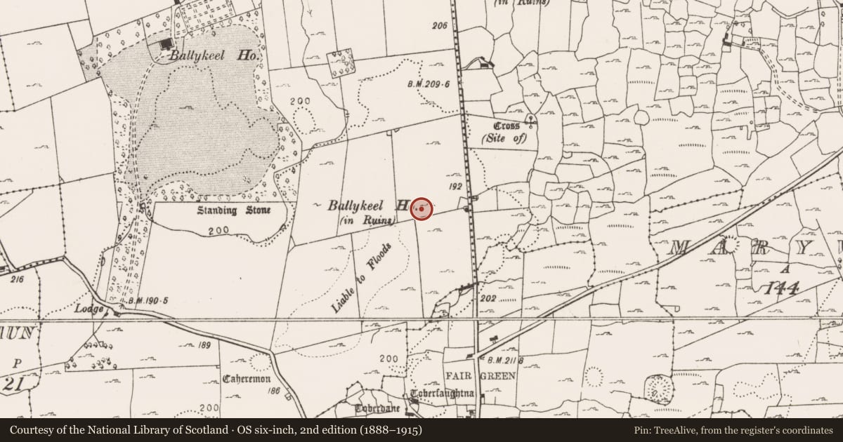 Ordnance Survey six-inch map, 2nd edition (1888–1915) covering the location of Mound, Ballykeel South, County Clare, with a pin at the register's coordinates