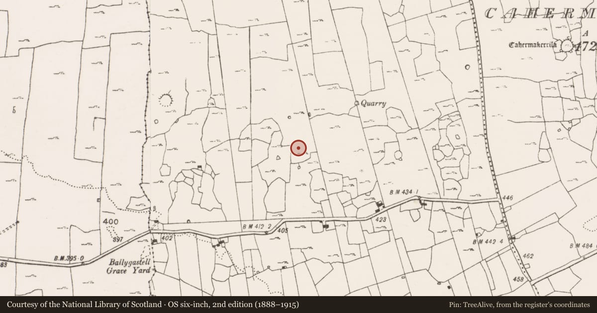 Ordnance Survey six-inch map, 2nd edition (1888–1915) covering the location of Enclosure, Ballyconnoe South, County Clare, with a pin at the register's coordinates